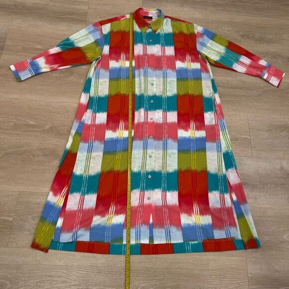 Natori Boro Kaftan Button Down Dress Colorful Turquiose Geometric Women’s Medium - Picture 11 of 16
